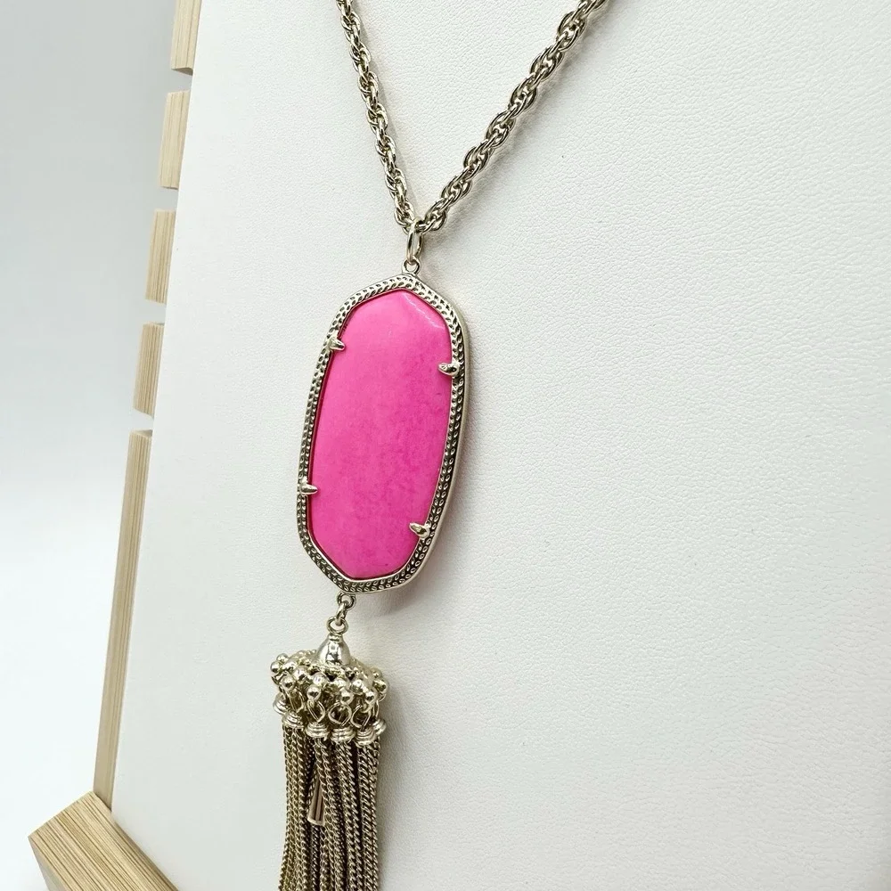 Kendra Scott Rayne Necklace Hot Pink Neon Tassel Pendant Long Goldtone Chain